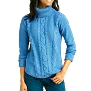 LL Bean Teal Marled Double L Mixed Cable‎ Turtleneck Sweater Size MEDIUM